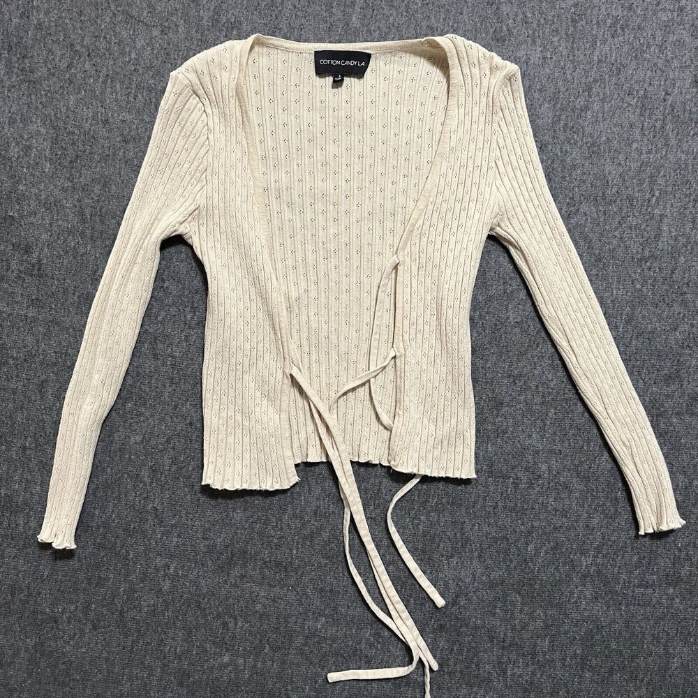 Cotton Candy LA Eyelet Sweater Off-White Tie Closure Viscose & Nylon Size Small